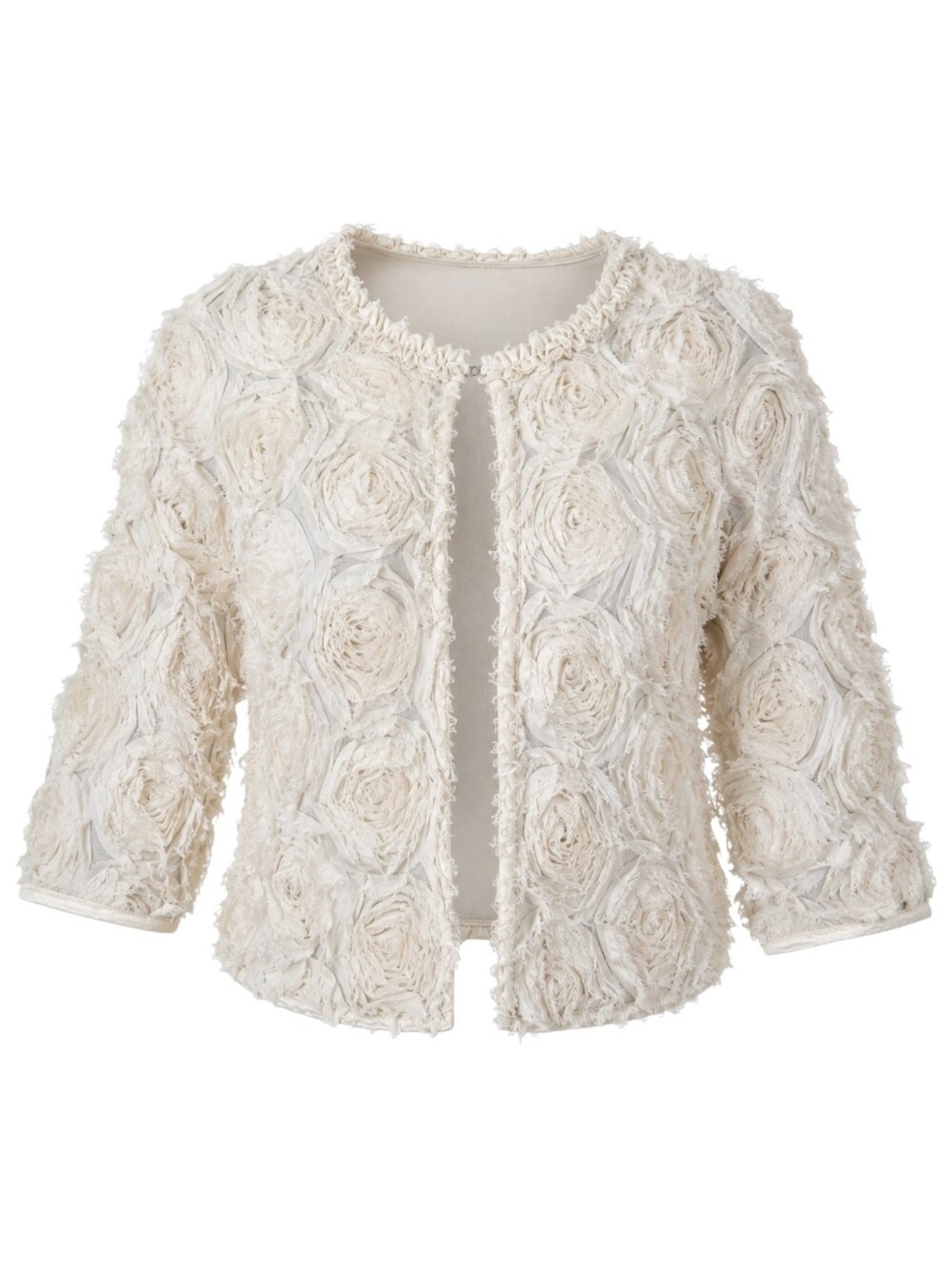 Silk Rosette Jacket Women Medium Ivory Cropped Floral Statement